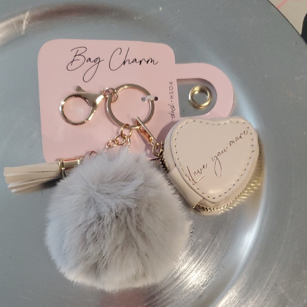 Posh Pop Cream Heart Bag Charm with Gray Pom Pom NWT